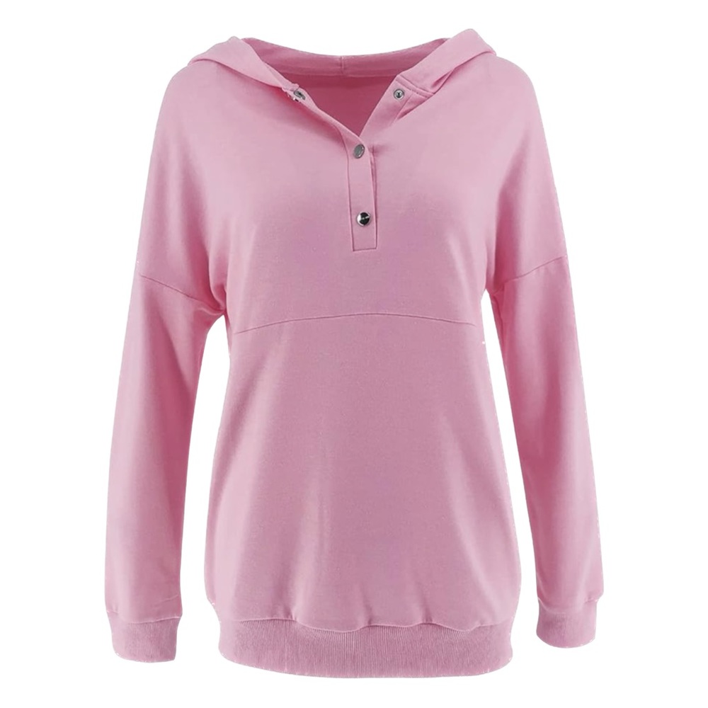 Pink Hooded Half Button Drop Shoulder Long Sleeve Pullover Sweatshirt - Picture 4 of 9